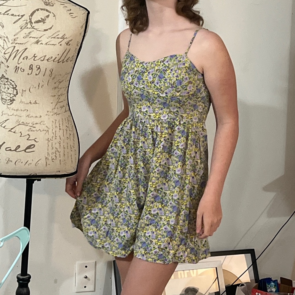 Love J Yellow Violet Green Floral Summer Dress Small Shirring Back
